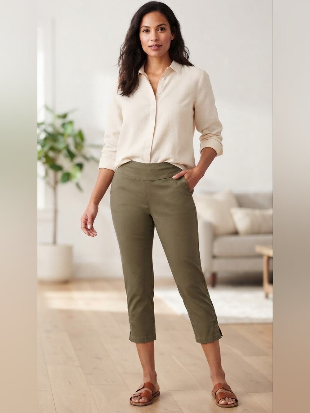 Coconut Row Palm Beach Olive Gre​en Pull On Crop Pants Size 10 Capris